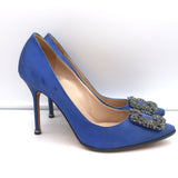 Manolo Blahnik Hangisi Crystal-Buckle Pumps Blue Satin Size 39.5 Point Toe Heels