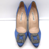 Manolo Blahnik Hangisi Crystal-Buckle Pumps Blue Satin Size 39.5 Point Toe Heels