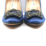 Manolo Blahnik Hangisi Crystal-Buckle Pumps Blue Satin Size 39.5 Point Toe Heels
