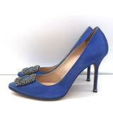 Manolo Blahnik Hangisi Crystal-Buckle Pumps Blue Satin Size 39.5 Point Toe Heels