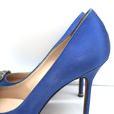 Manolo Blahnik Hangisi Crystal-Buckle Pumps Blue Satin Size 39.5 Point Toe Heels