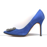 Manolo Blahnik Hangisi Crystal-Buckle Pumps Blue Satin Size 39.5 Point Toe Heels
