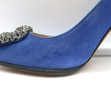 Manolo Blahnik Hangisi Crystal-Buckle Pumps Blue Satin Size 39.5 Point Toe Heels