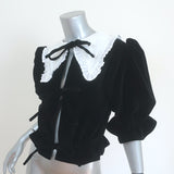 Maison Cleo Tie-Front Blouse Angele Black Velvet Size Medium Puff Sleeve Top
