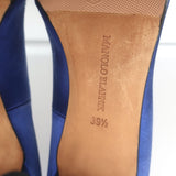 Manolo Blahnik Hangisi Crystal-Buckle Pumps Blue Satin Size 39.5 Point Toe Heels