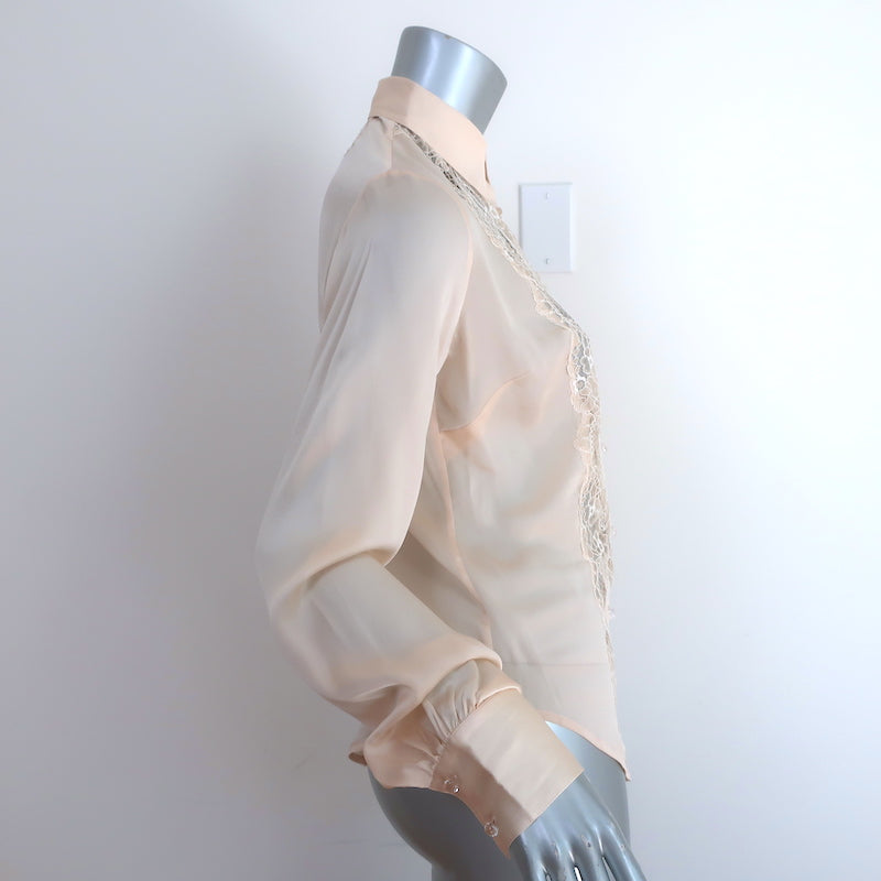 Peter Soronen Blouse Beige Lace-Paneled Silk Size 6 Long Sleeve Top