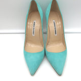 Manolo Blahnik BB 105 Pumps Aqua Suede Size 38.5 Pointed Toe Heels