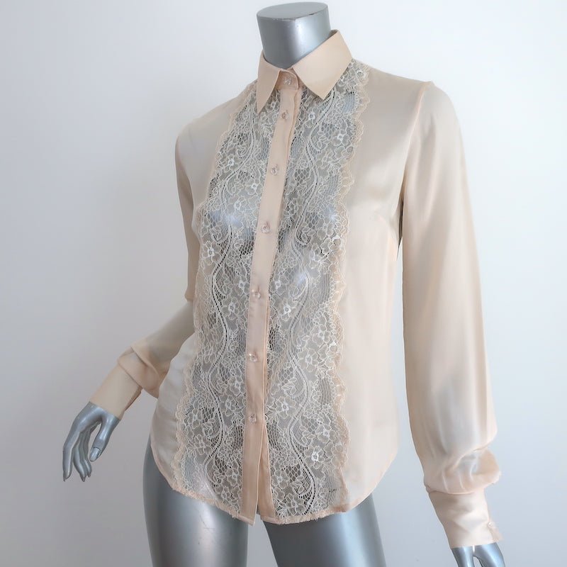 Peter Soronen Blouse Beige Lace-Paneled Silk Size 6 Long Sleeve Top