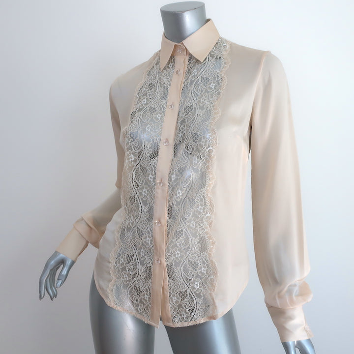 Peter Soronen Blouse Beige Lace-Paneled Silk Size 6 Long Sleeve Top