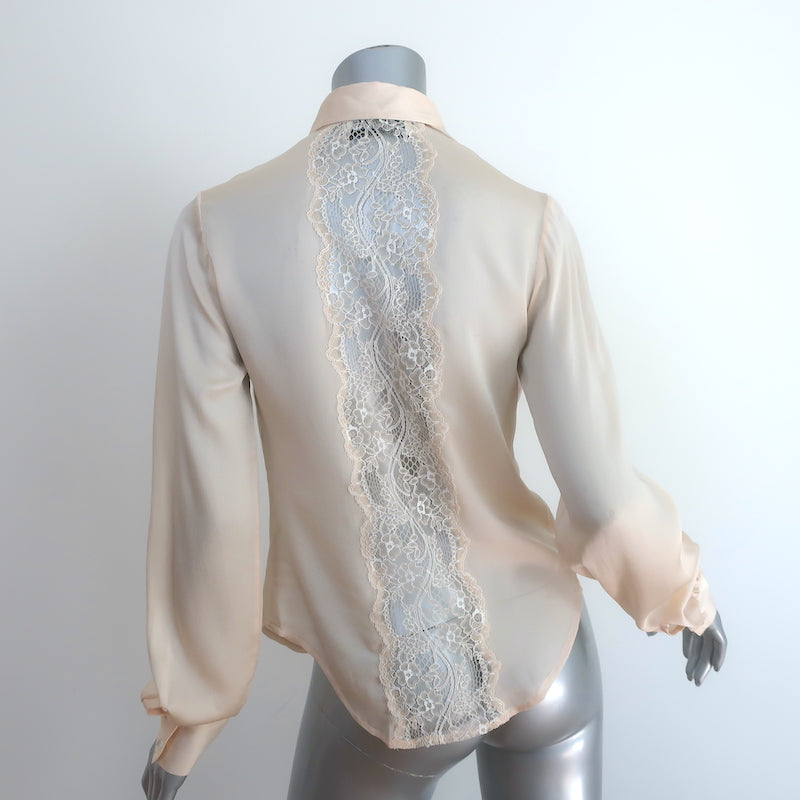 Peter Soronen Blouse Beige Lace-Paneled Silk Size 6 Long Sleeve Top