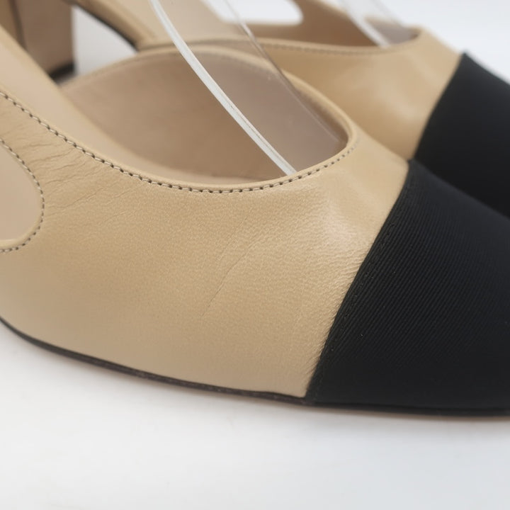 Chanel 16C Cap Toe Slingback Pumps Beige Goatskin &amp; Black Grosgrain Size 38
