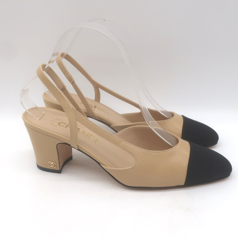 Chanel 16C Cap Toe Slingback Pumps Beige Goatskin &amp; Black Grosgrain Size 38
