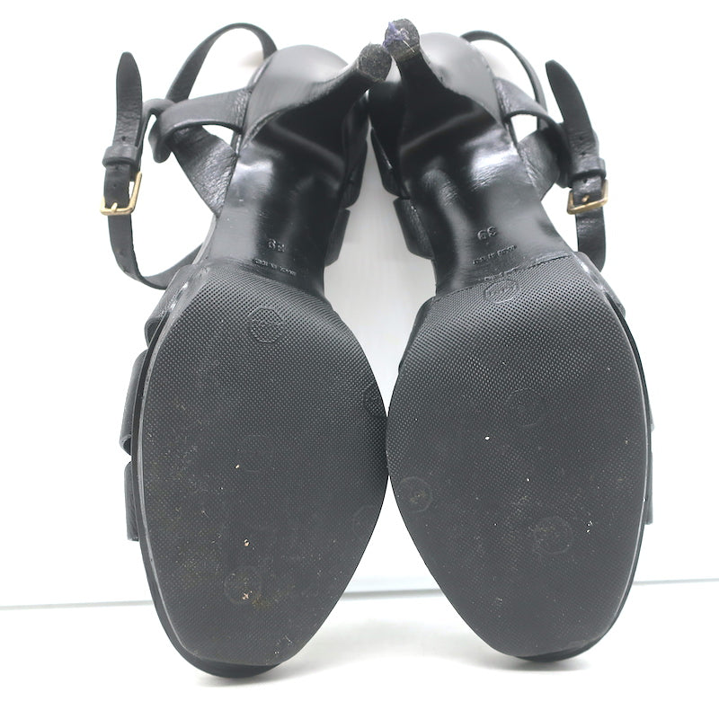 Yves Saint Laurent Tribute Sandals Black Leather Size 39 Ankle Strap Heels