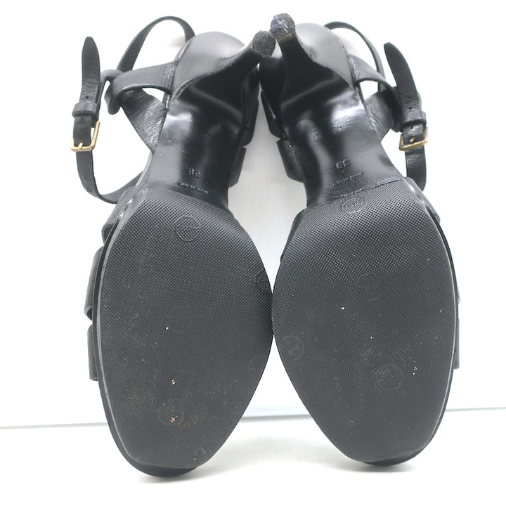 Yves Saint Laurent Tribute Sandals Black Leather Size 39 Ankle Strap Heels