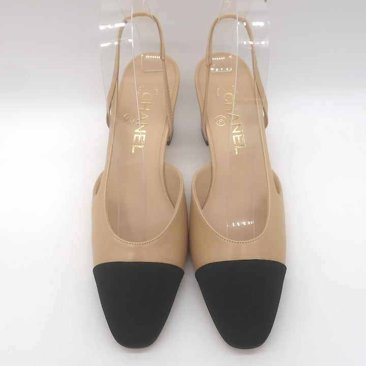 Chanel 16C Cap Toe Slingback Pumps Beige Goatskin &amp; Black Grosgrain Size 38