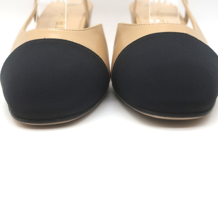 Chanel 16C Cap Toe Slingback Pumps Beige Goatskin &amp; Black Grosgrain Size 38