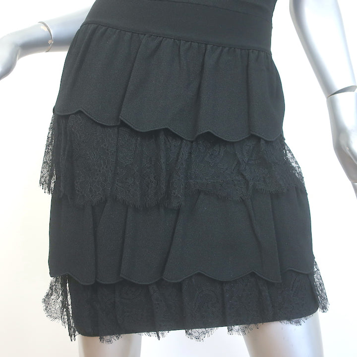 Valentino Tiered Ruffled Stretch Knit &amp; Lace Sleeveless Dress Black Size Medium
