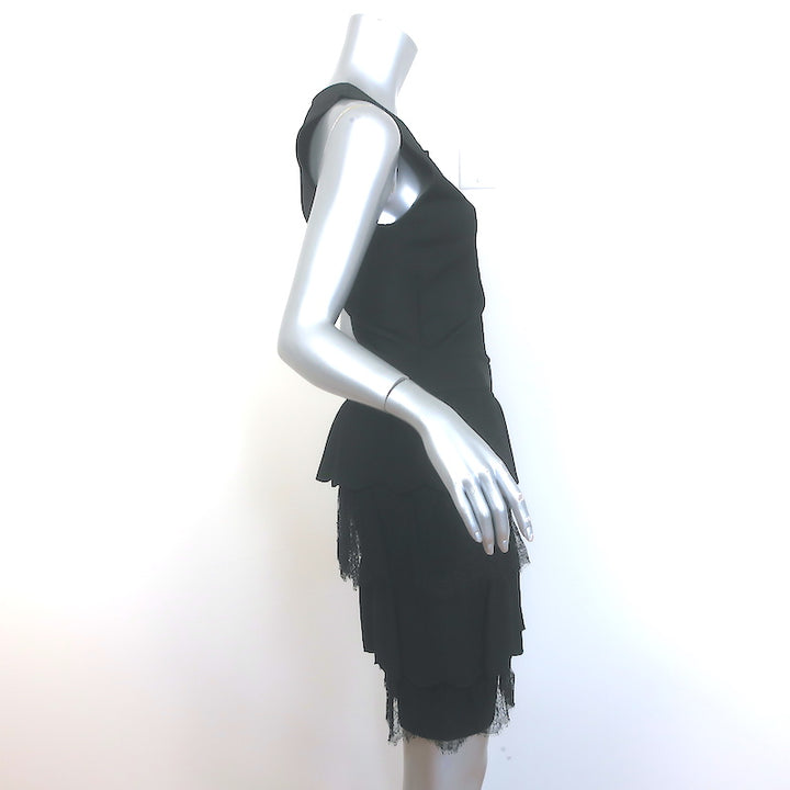 Valentino Tiered Ruffled Stretch Knit &amp; Lace Sleeveless Dress Black Size Medium
