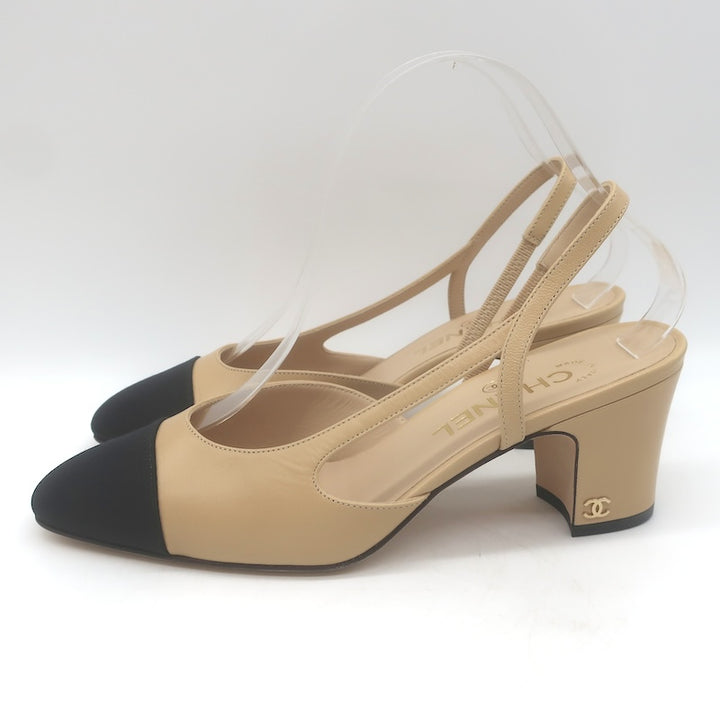 Chanel 16C Cap Toe Slingback Pumps Beige Goatskin &amp; Black Grosgrain Size 38