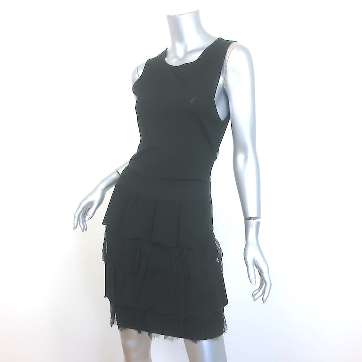 Valentino Tiered Ruffled Stretch Knit &amp; Lace Sleeveless Dress Black Size Medium