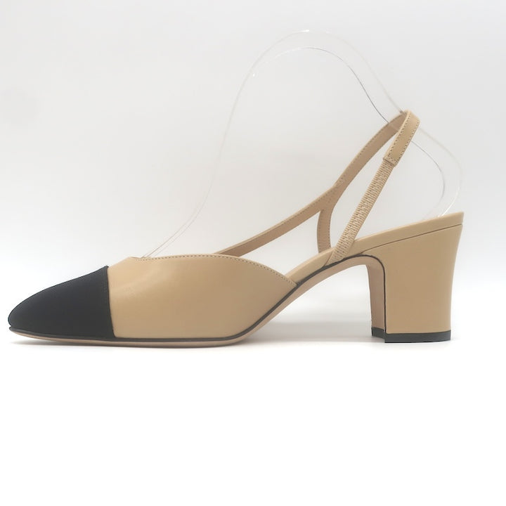 Chanel 16C Cap Toe Slingback Pumps Beige Goatskin &amp; Black Grosgrain Size 38