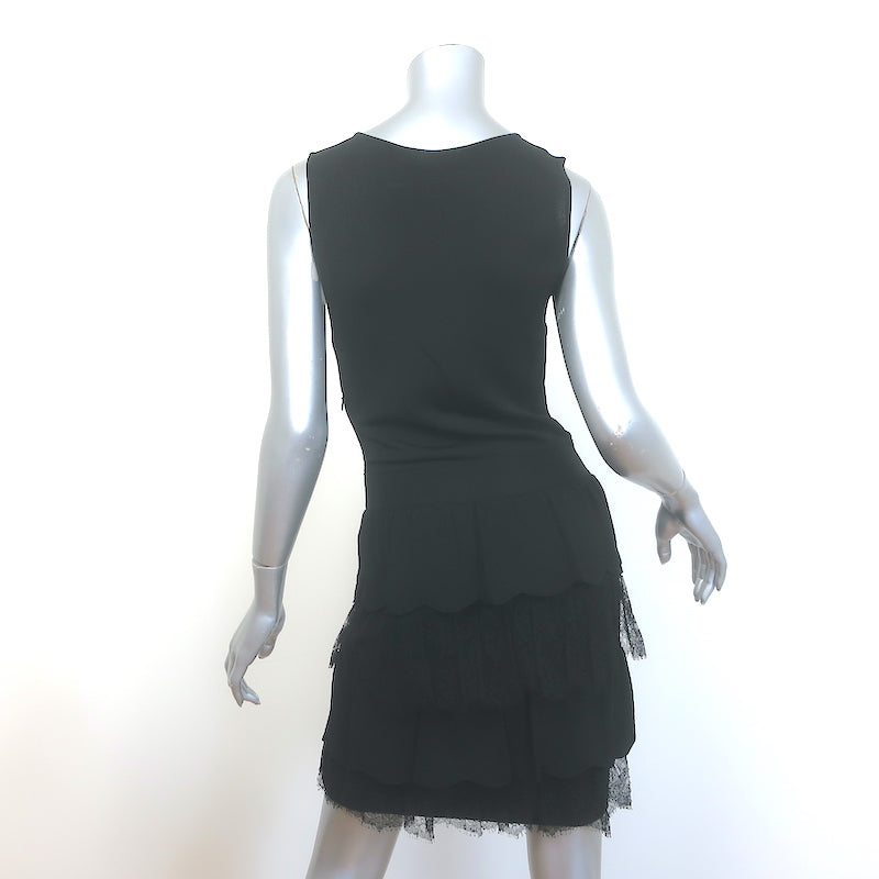 Valentino Tiered Ruffled Stretch Knit &amp; Lace Sleeveless Dress Black Size Medium