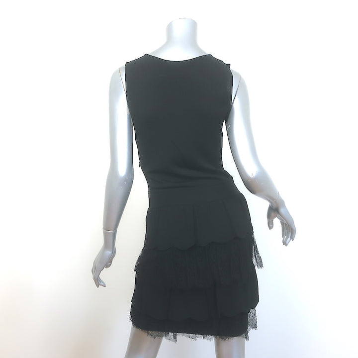 Valentino Tiered Ruffled Stretch Knit &amp; Lace Sleeveless Dress Black Size Medium