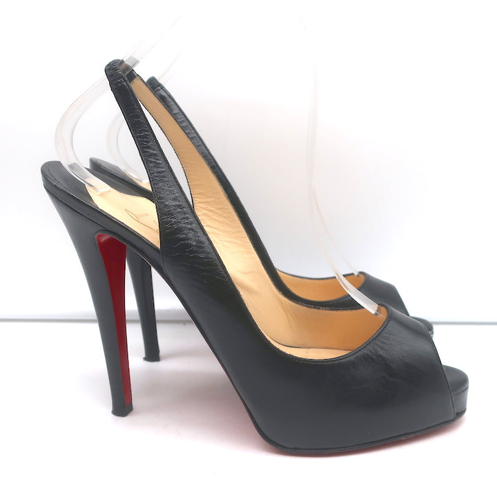 Christian Louboutin No Prive Peep Toe Slingback Pumps Black Leather Size 38.5