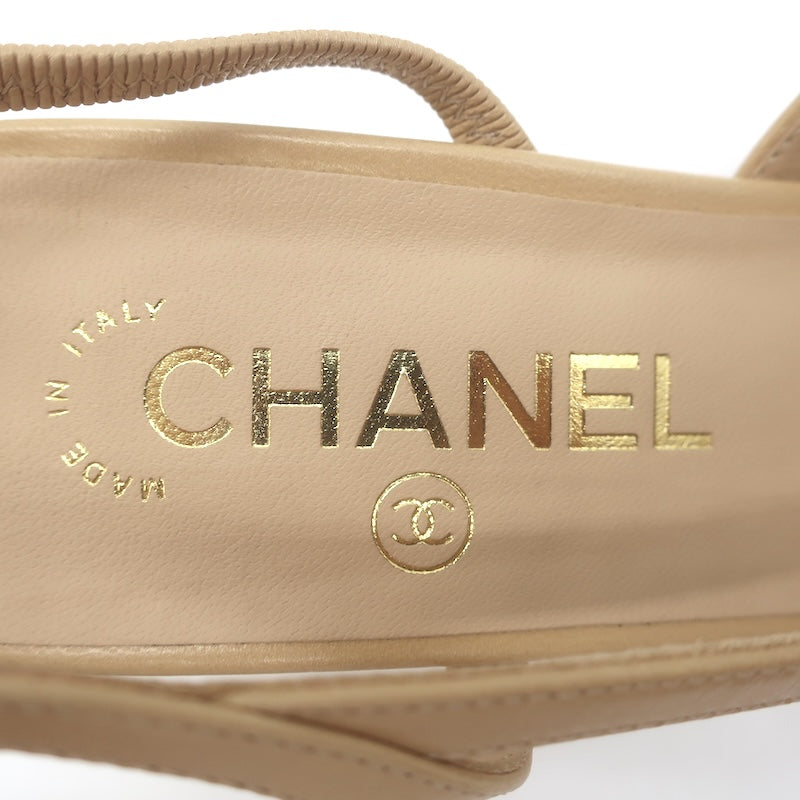 Chanel 16C Cap Toe Slingback Pumps Beige Goatskin &amp; Black Grosgrain Size 38