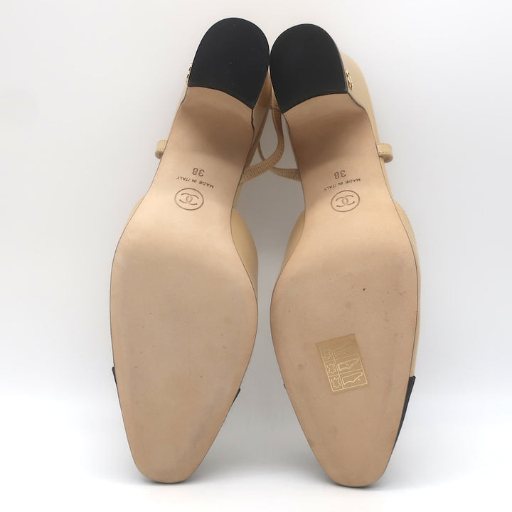 Chanel 16C Cap Toe Slingback Pumps Beige Goatskin &amp; Black Grosgrain Size 38