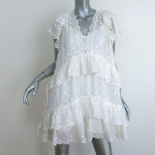 Zimmermann Ruffled Mini Dress Mae White Polka Dot Embroidered Ramie Si –  Celebrity Owned