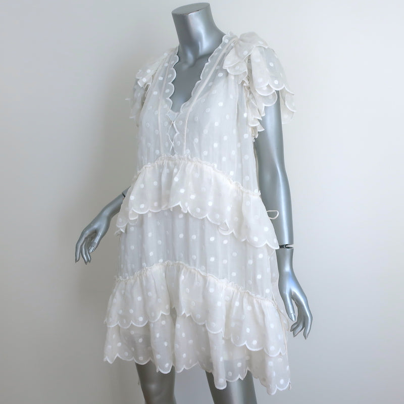 Zimmermann Ruffled Mini Dress Mae White Polka Dot Embroidered Ramie Size 1