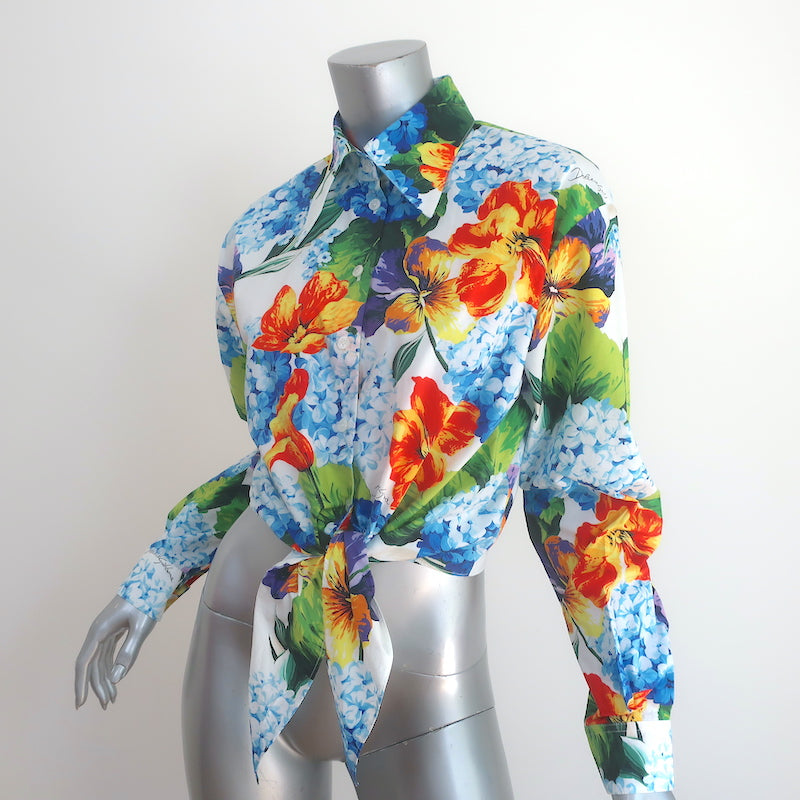 Dolce &amp; Gabbana Cropped Tie-Front Shirt Hydrangea Print Cotton Size 42