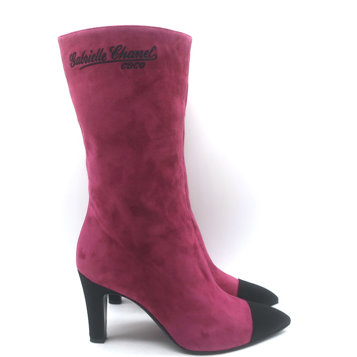 Chanel Gabrielle Cap Toe Boots Fuchsia Suede &amp; Black Satin Size 37