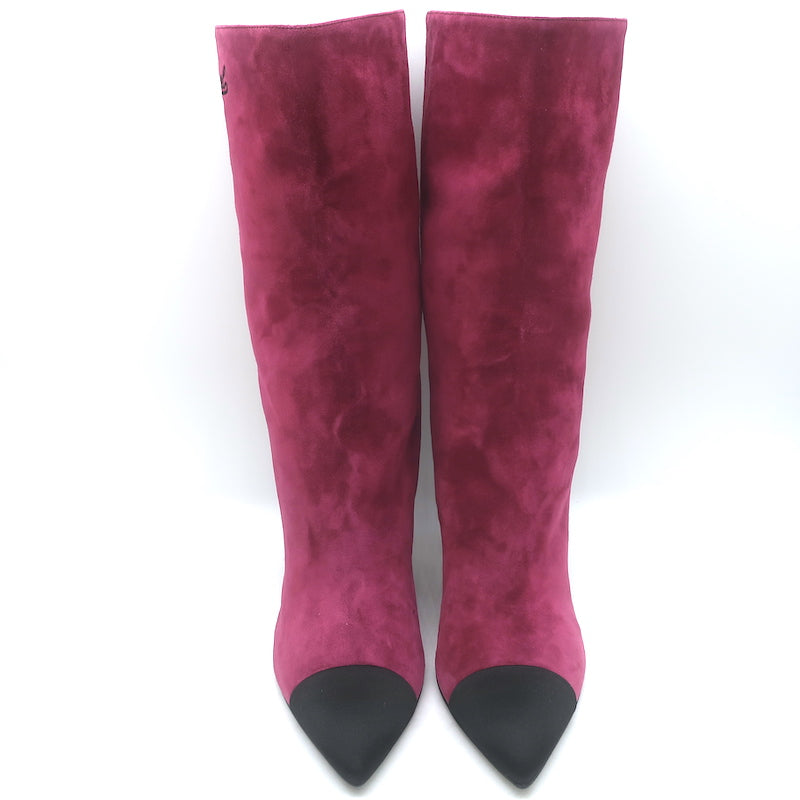 Chanel Gabrielle Cap Toe Boots Fuchsia Suede &amp; Black Satin Size 37