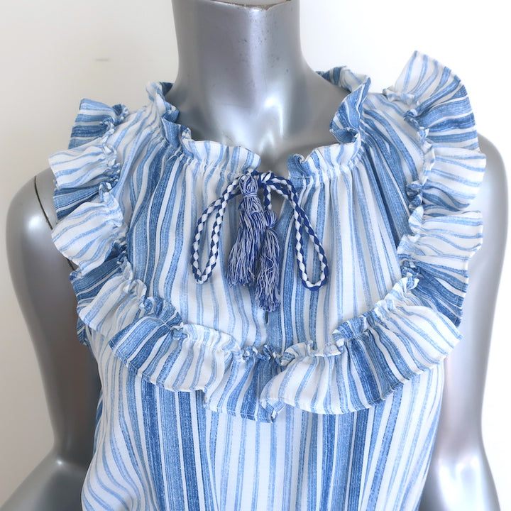 MISA Aleja Ruffled Bib Tiered Midi Dress Blue &amp; White Stripe Size Extra Small