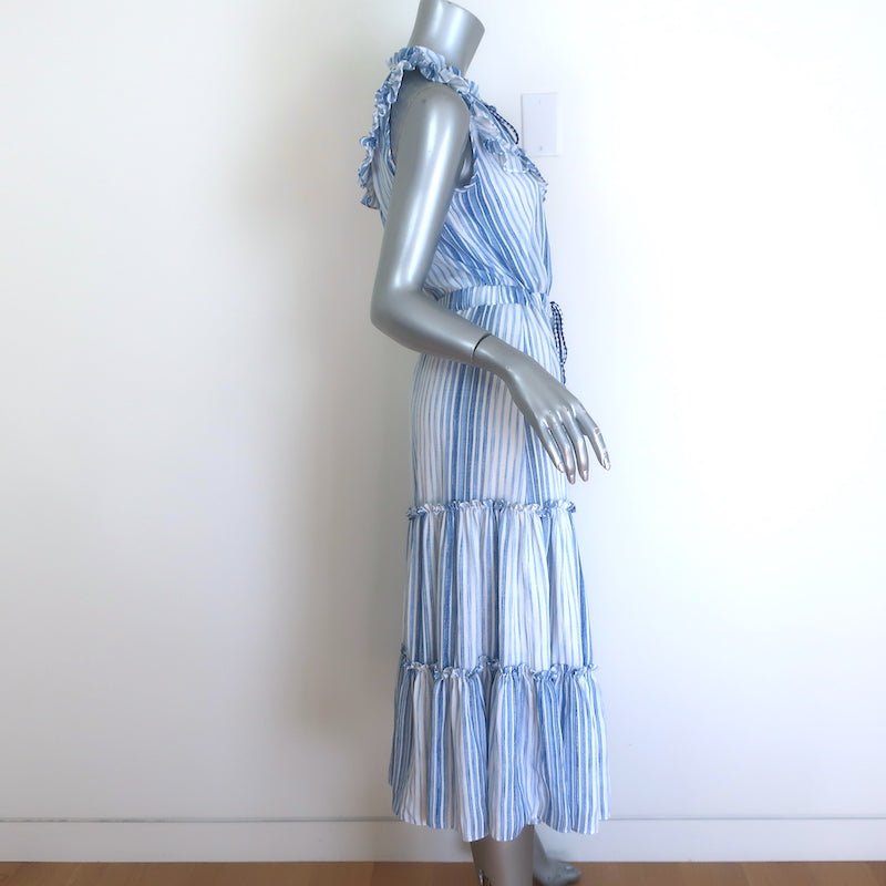 MISA Aleja Ruffled Bib Tiered Midi Dress Blue &amp; White Stripe Size Extra Small