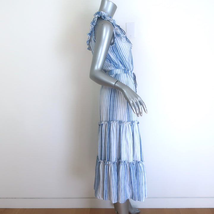MISA Aleja Ruffled Bib Tiered Midi Dress Blue &amp; White Stripe Size Extra Small