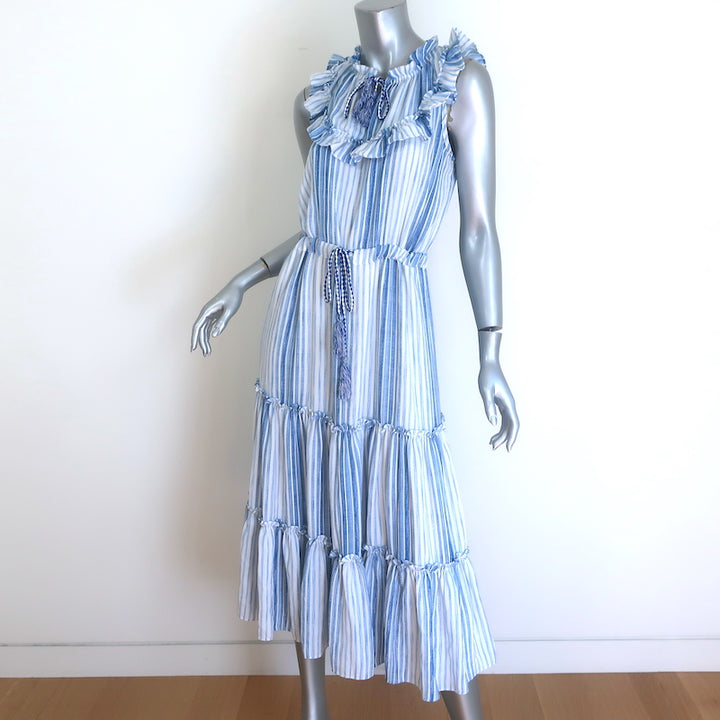 MISA Aleja Ruffled Bib Tiered Midi Dress Blue &amp; White Stripe Size Extra Small