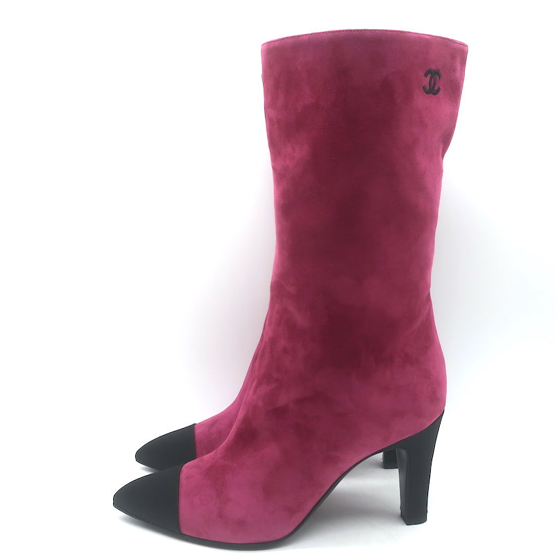 Chanel Gabrielle Cap Toe Boots Fuchsia Suede &amp; Black Satin Size 37