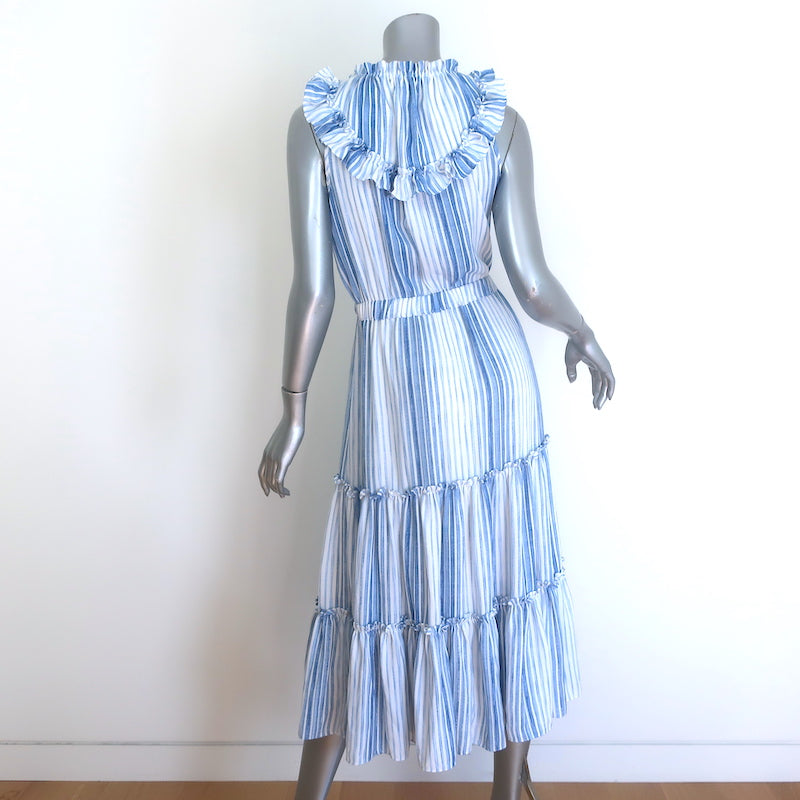 MISA Aleja Ruffled Bib Tiered Midi Dress Blue &amp; White Stripe Size Extra Small