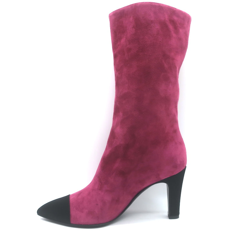 Chanel Gabrielle Cap Toe Boots Fuchsia Suede &amp; Black Satin Size 37