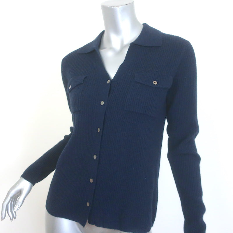 Minnie Rose Ribbed Cashmere Collared Cardigan Navy Size Extra Small NEW