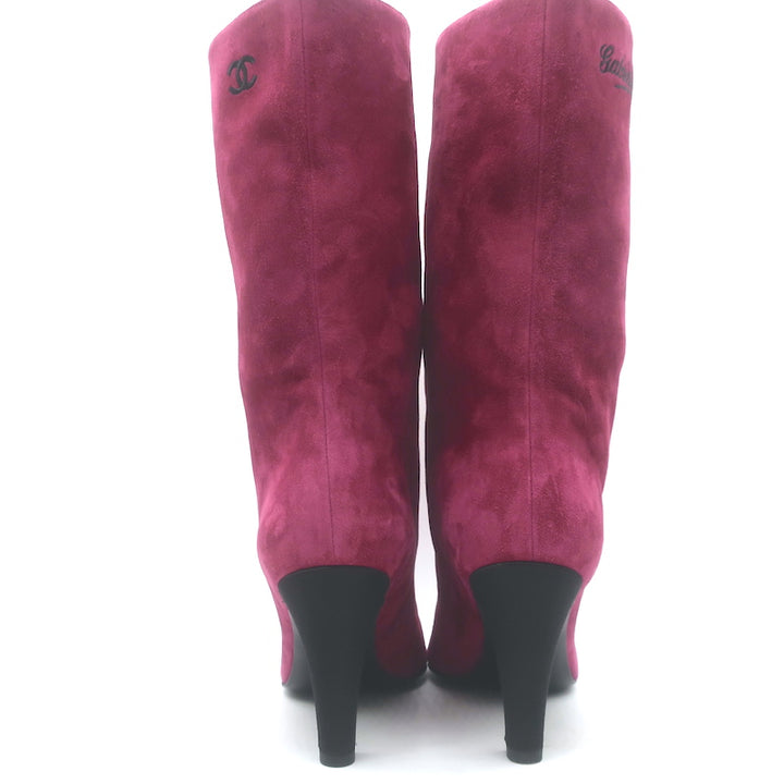 Chanel Gabrielle Cap Toe Boots Fuchsia Suede &amp; Black Satin Size 37