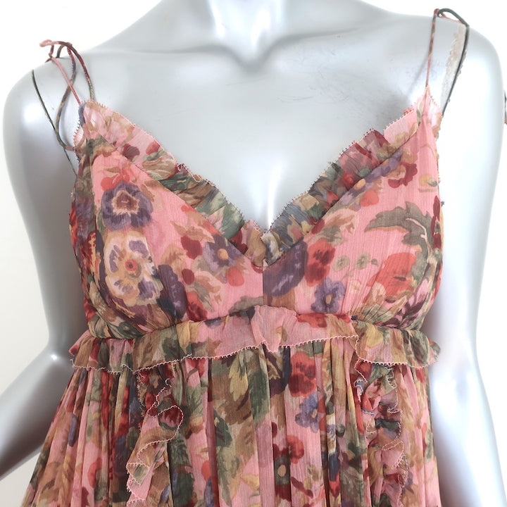 Zimmermann Lovelorn Frill Mini Dress Pink Floral Print Silk Chiffon Size 1