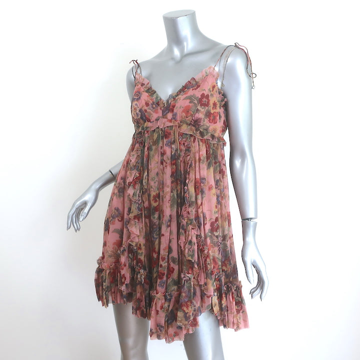 Zimmermann Lovelorn Frill Mini Dress Pink Floral Print Silk Chiffon Size 1