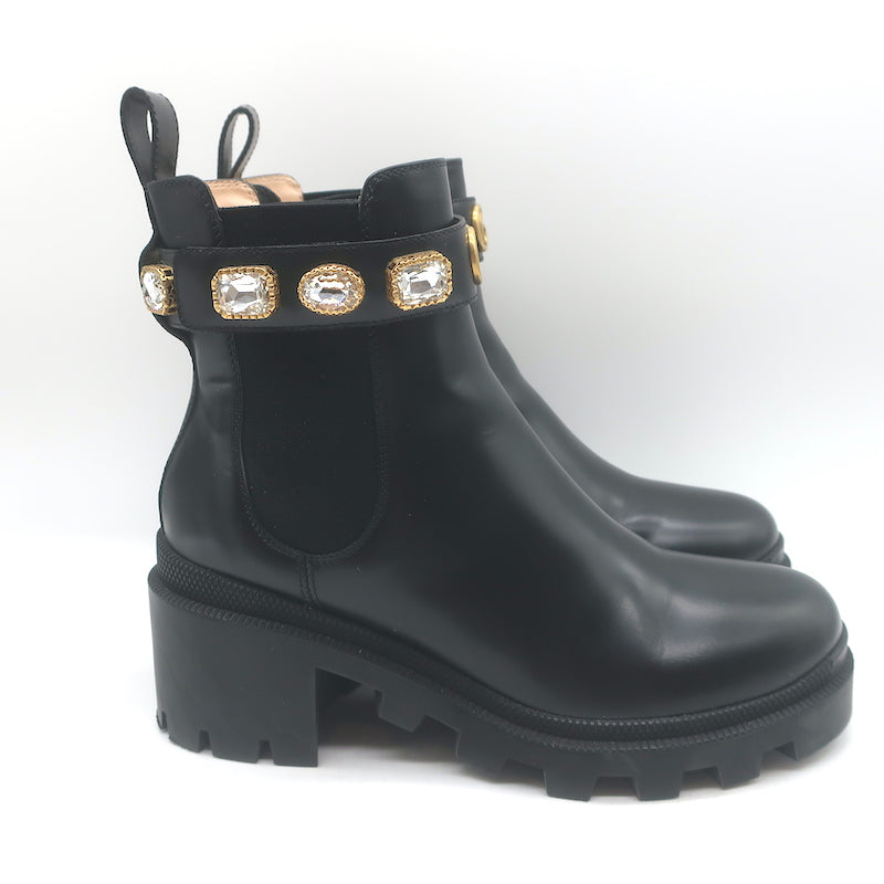Gucci Trip Jewel-Strap Chelsea Boots Black Polished Leather Size 36.5