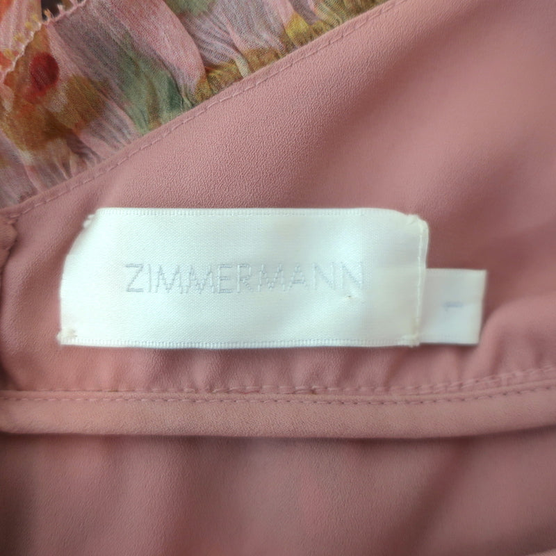 Zimmermann Lovelorn Frill Mini Dress Pink Floral Print Silk Chiffon Size 1