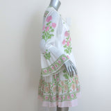 Juliet Dunn Flare Sleeve Dress White/Pink Poppy Print Cotton Size 2