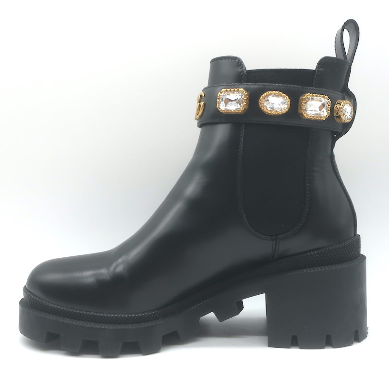 Gucci Trip Jewel-Strap Chelsea Boots Black Polished Leather Size 36.5